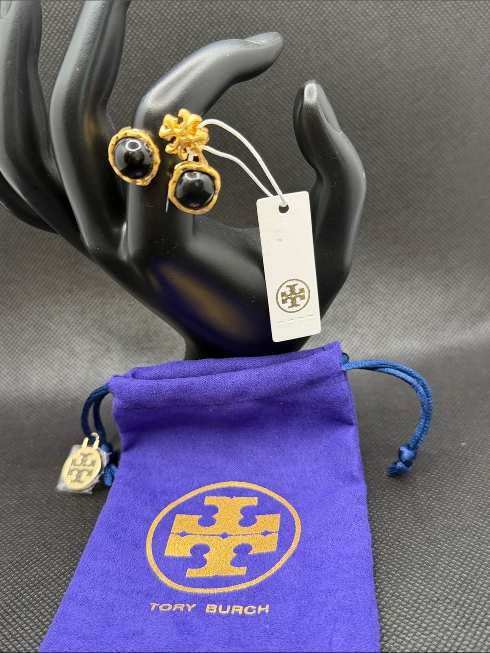 Tory Burch Gold-Tone Ring with Black Enamel Centers Sz 7